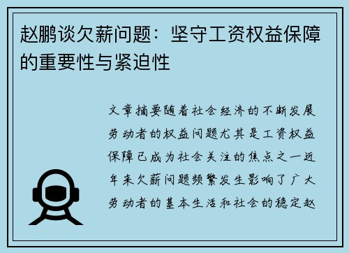 赵鹏谈欠薪问题：坚守工资权益保障的重要性与紧迫性