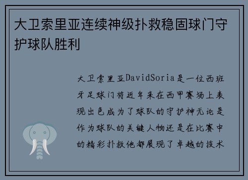 大卫索里亚连续神级扑救稳固球门守护球队胜利