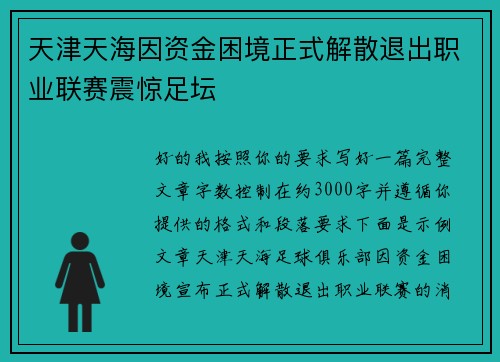 天津天海因资金困境正式解散退出职业联赛震惊足坛