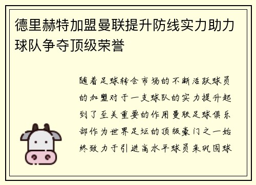 德里赫特加盟曼联提升防线实力助力球队争夺顶级荣誉 德里赫特加盟曼联提升防线实力助力球队争夺顶级荣誉